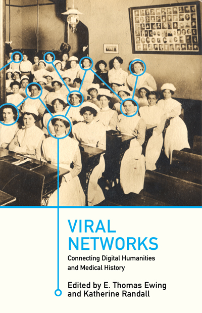 病毒网络的书封面展示了一张古董照片，一群护理学生坐在教室里。一张网络图被叠加在照片上，用圆圈和线条连接房间里的人。
